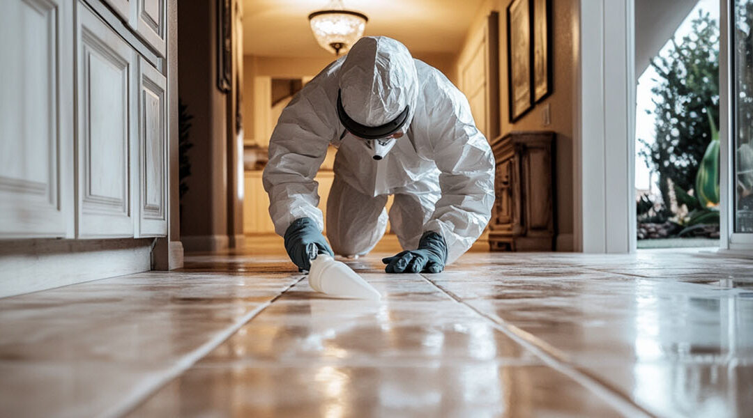 biohazard technician cleaning a tile floor after a GI bleed