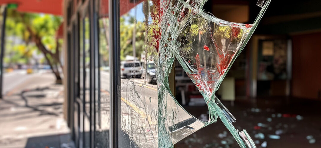 blood on broken glass of a shop window